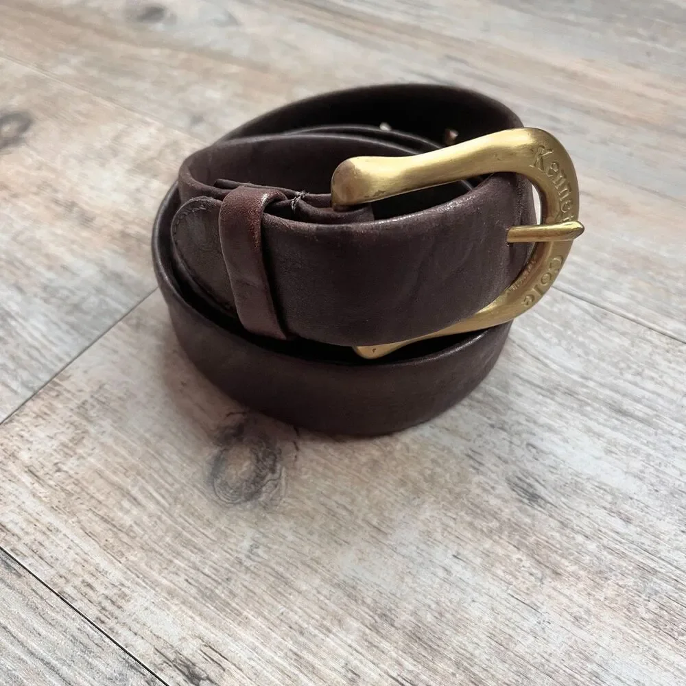 Kenneth Cole Brown Leather Belt Size 30 Gold Buckle Classic Minimalist Old Money